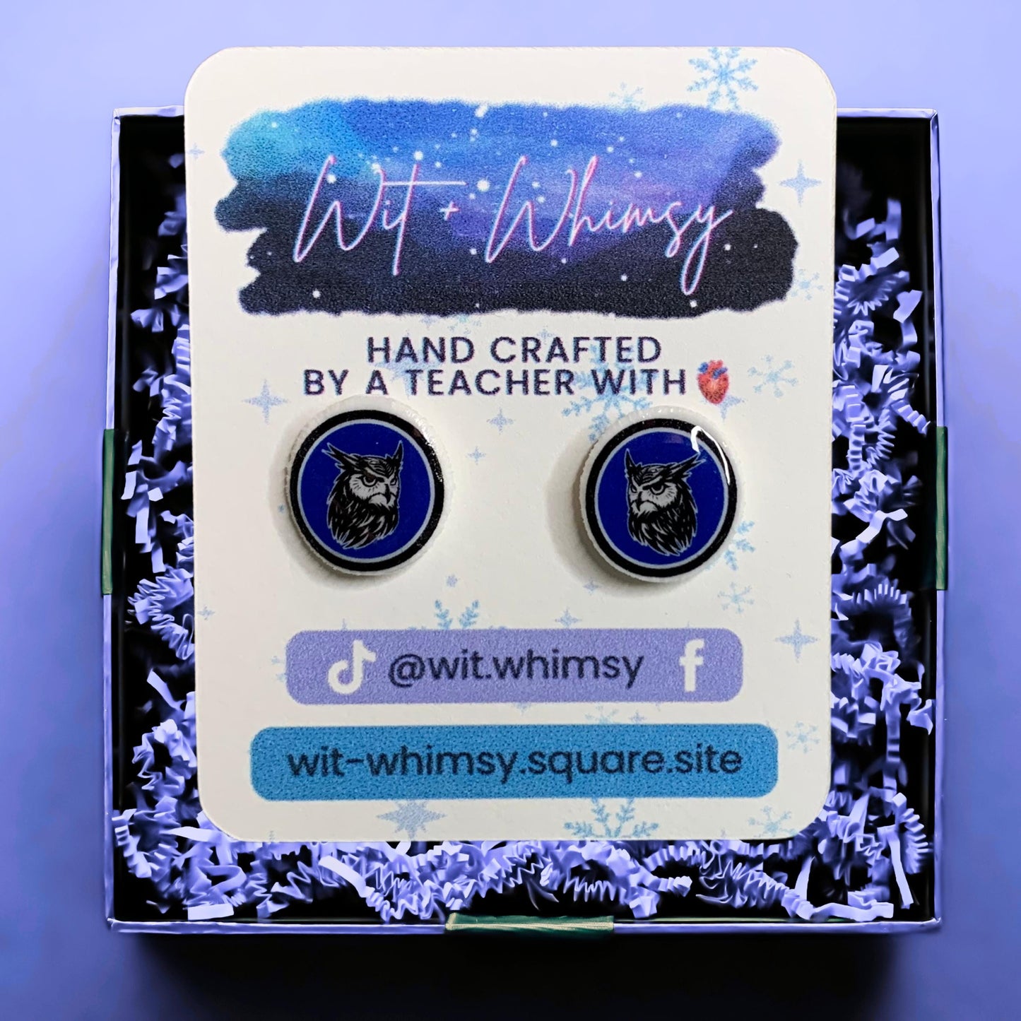 Owl Mascot Stud Earrings β Hypoallergenic Blue & White School Spirit Jewelry β Teacher Gift, Game Day Accessory β Lobe Yourself Posts