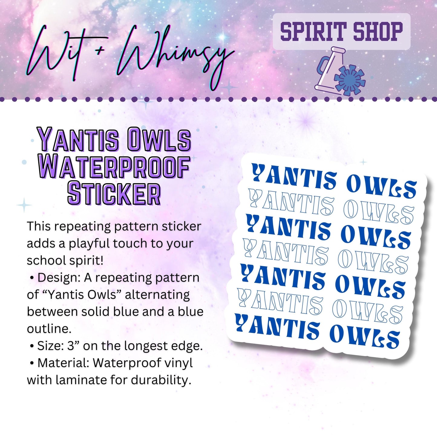 Waterproof Yantis Owls Repeating Pattern 3” Die-Cut Sticker – School Spirit Decal Accessory for Water Bottles, Notebooks, Laptops, and More!