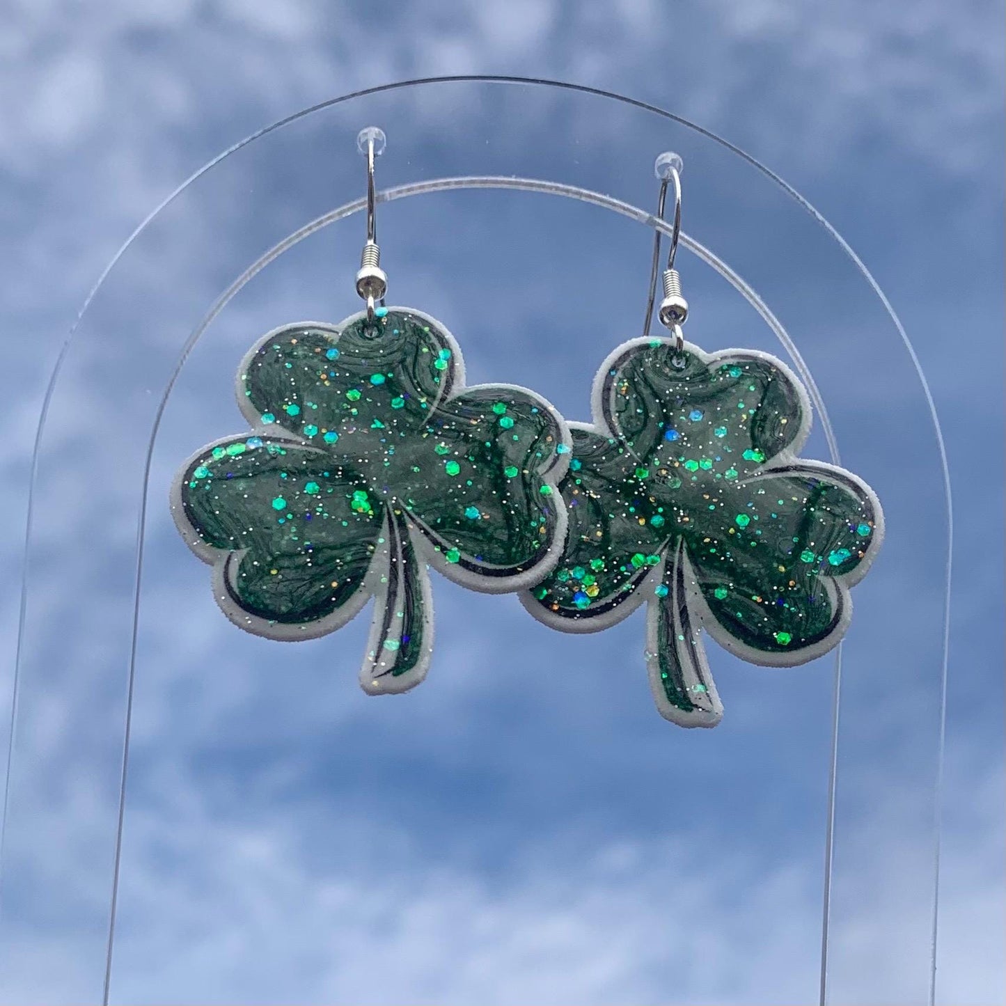 Sparkly Shamrock Dangle Earrings – Glitter Green Clover St. Patrick’s Day Earrings –by Hypoallergenic Irish Jewelry