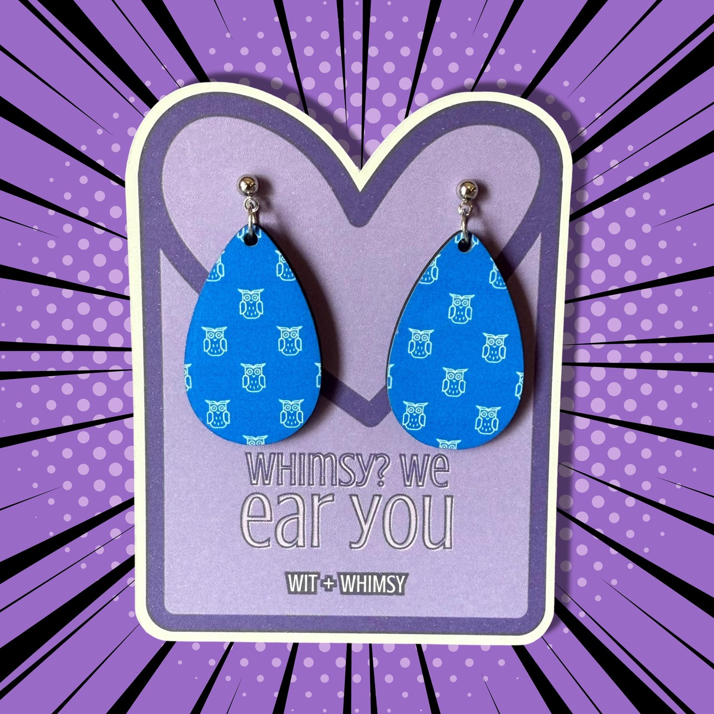 Blue Owl Teacher Earrings β Lightweight Wooden Teardrop Earrings β School Spirit Jewelry β Back to School Gift β Wit + Whimsy