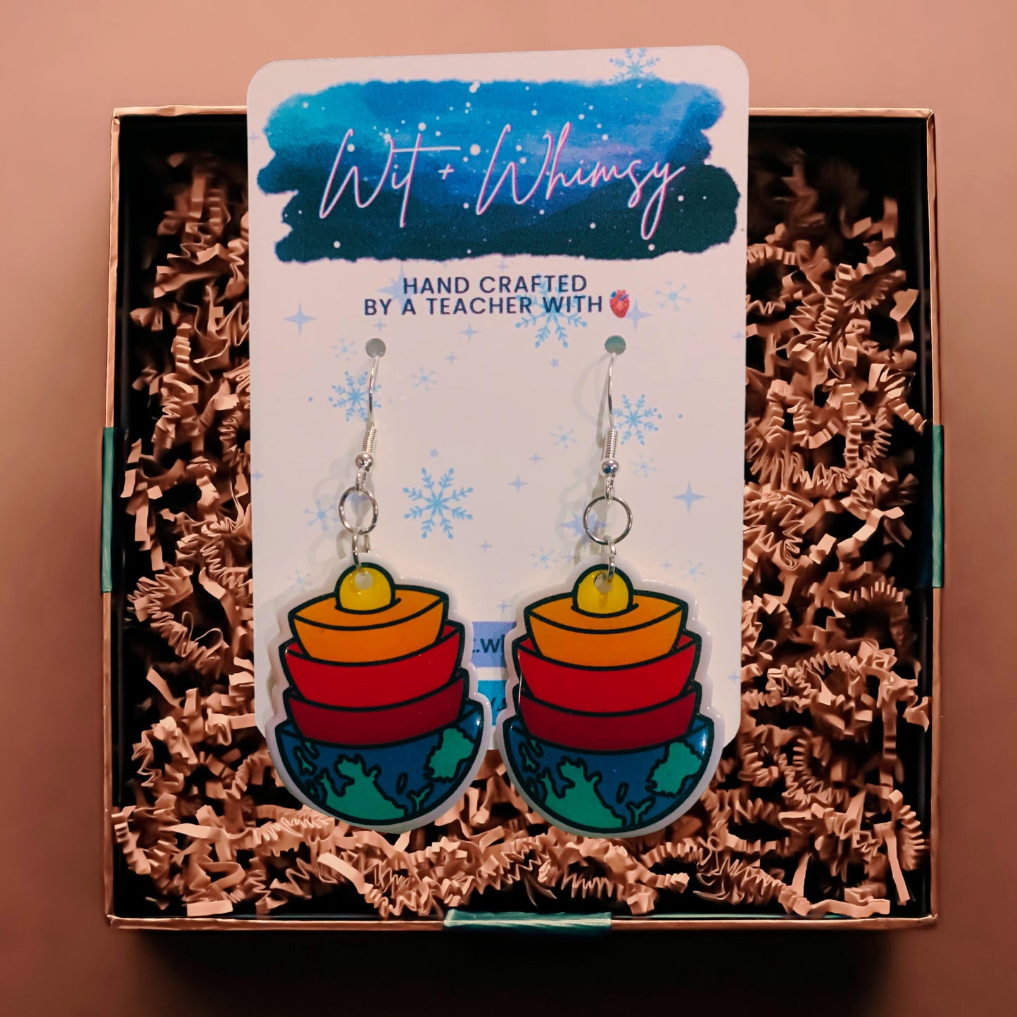Earth Layers Dangle Earrings - Fun Unique Science Jewelry for Teachers, Students, and Geology Lovers, Handmade Classroom Accessories