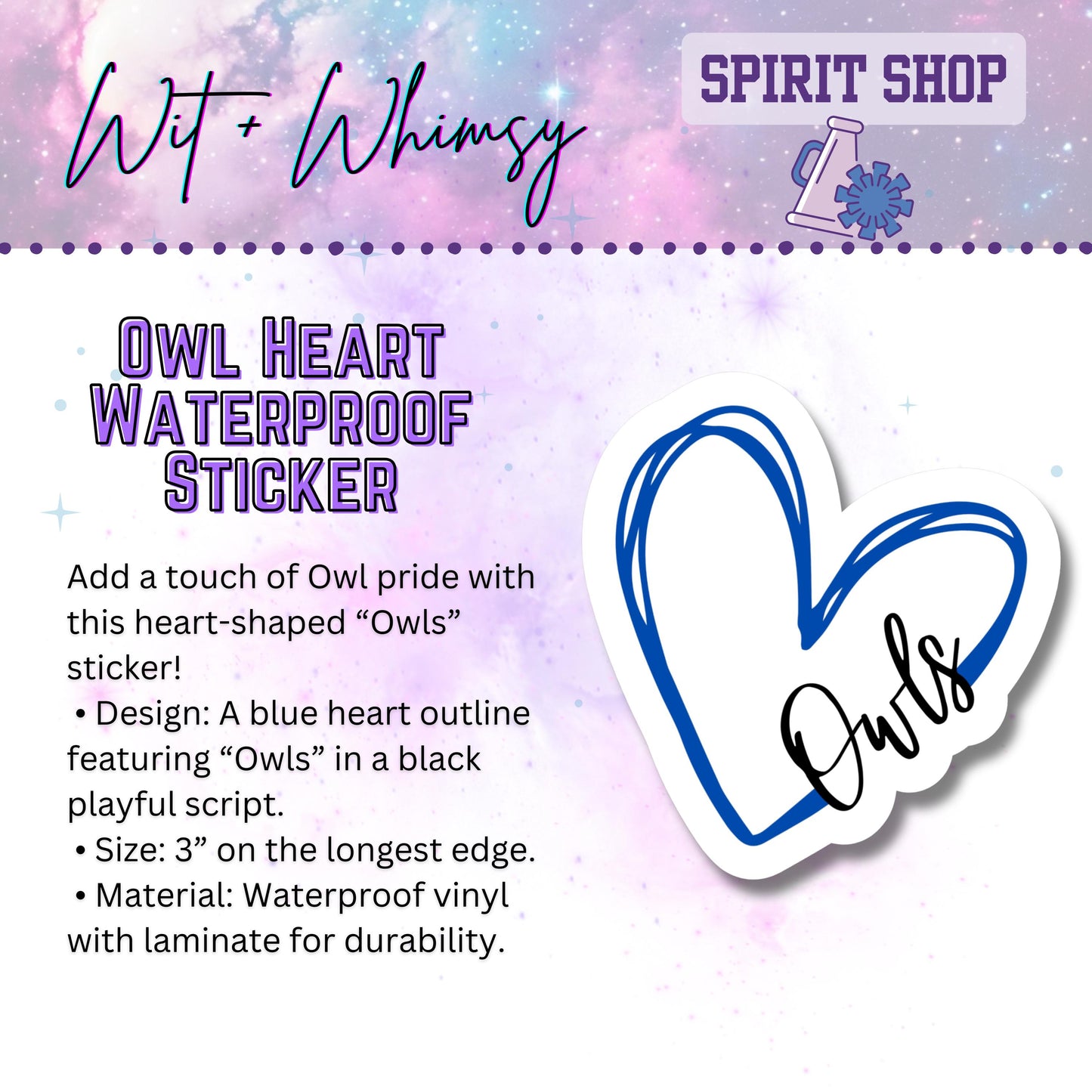 Waterproof Owl Heart 3” Die-Cut Sticker – School Spirit Decal Accessory for Water Bottles, Notebooks, Laptops, and More!