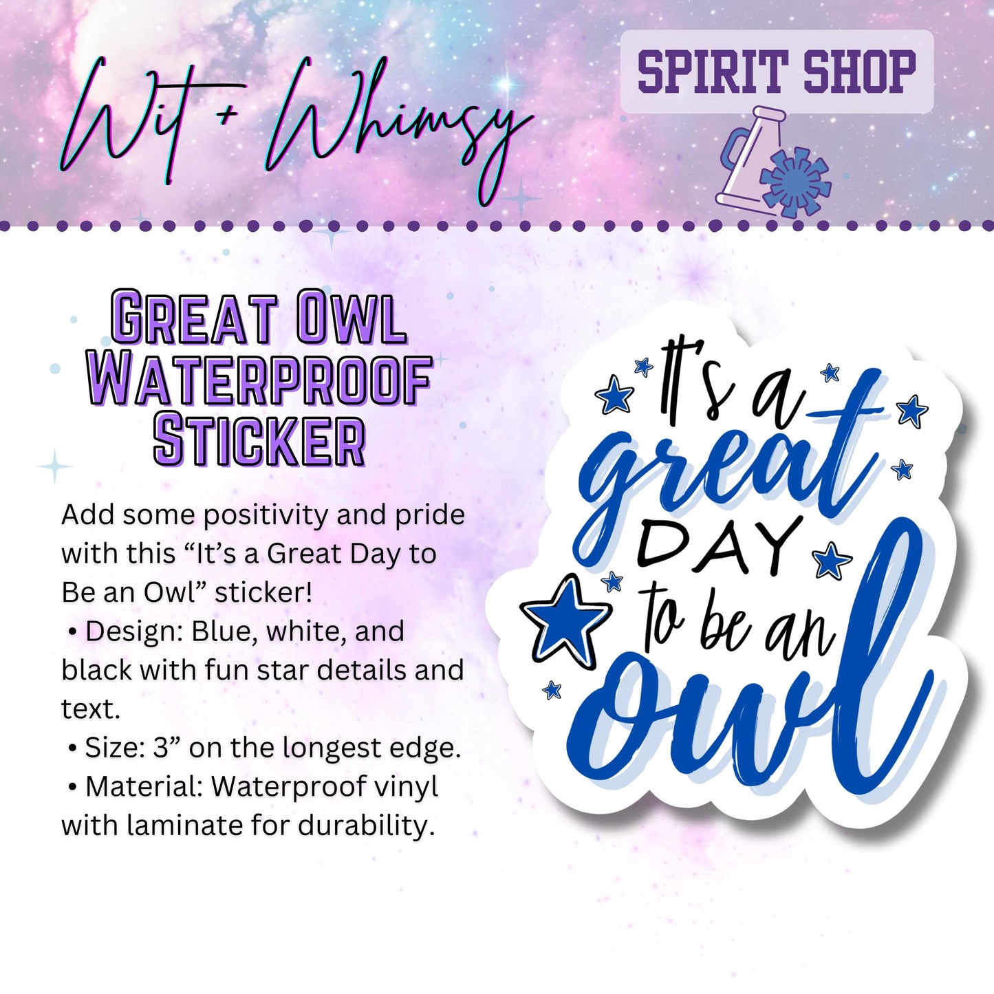 Waterproof It’s a Great Day to Be an Owl 3” Die-Cut Sticker – School Spirit Decal Accessory for Water Bottles, Notebooks, Laptops, and More!