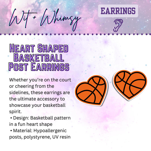 Heart Shaped Basketball Post Earrings - Fun, Unique Sports Jewelry, Handmade Accessory for Coach, Player, Fans, Team Sporty Vibes