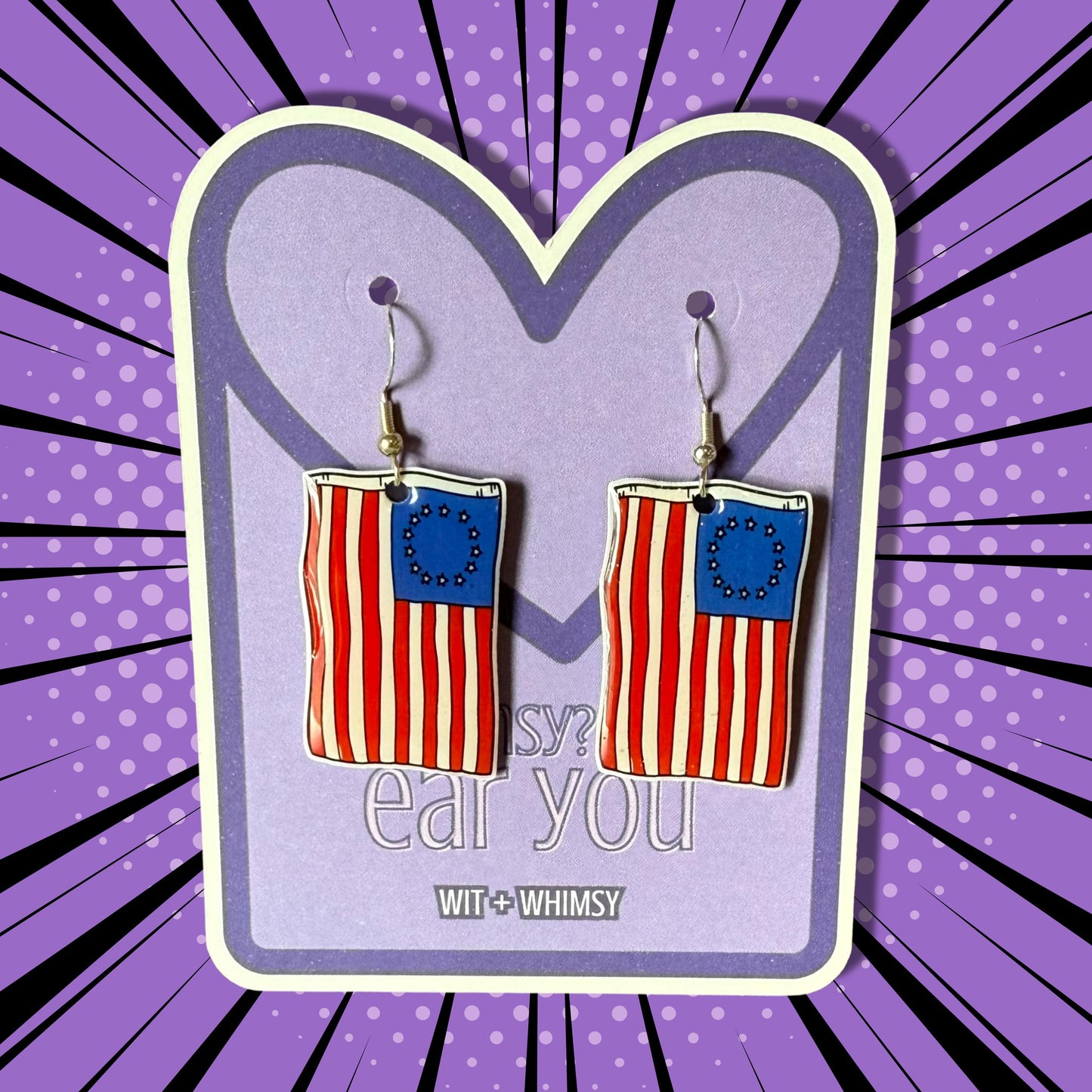 Betsy Ross Flag Dangle Earrings – Handmade Patriotic 4th of July Jewelry – Lightweight Hypoallergenic USA Earrings America