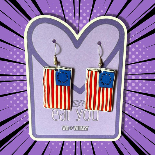 Betsy Ross Flag Dangle Earrings – Handmade Patriotic 4th of July Jewelry – Lightweight Hypoallergenic USA Earrings America