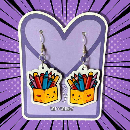 Crayon Box Dangle Earrings - Fun, Unique Jewelry for Art Teachers, Students, and School Staff, Handmade Classroom Accessories Colors