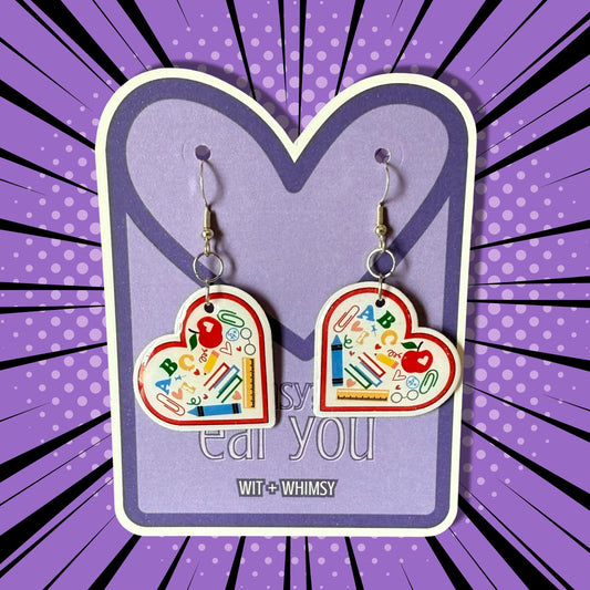 School Supply Teacher Earrings – Lightweight Wooden Teardrop Earrings with Classroom Icons – Back to School Gift – Wit + Whimsy