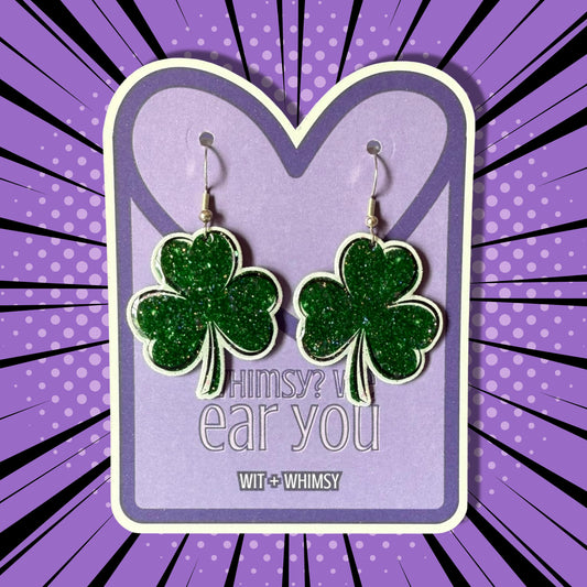 Sparkly Shamrock Dangle Earrings – Glitter Green Clover St. Patrick’s Day Earrings –by Hypoallergenic Irish Jewelry