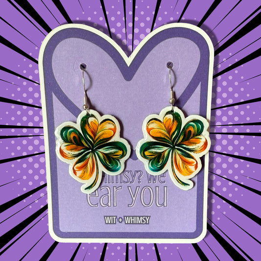 Shamrock Swirl Earrings – Lucky Clover Dangle Earrings for St. Patrick’s Day – Green Gold Statement Jewelry – Wit + Whimsy Gift for Her