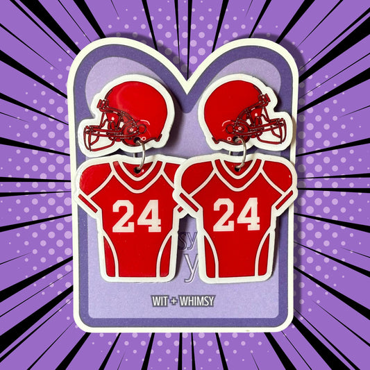 Custom Football Earrings – Personalized Jersey Number & Team Colors – Helmet Post with Jersey Dangle – Game Day Gift for Fans, Moms, Coaches