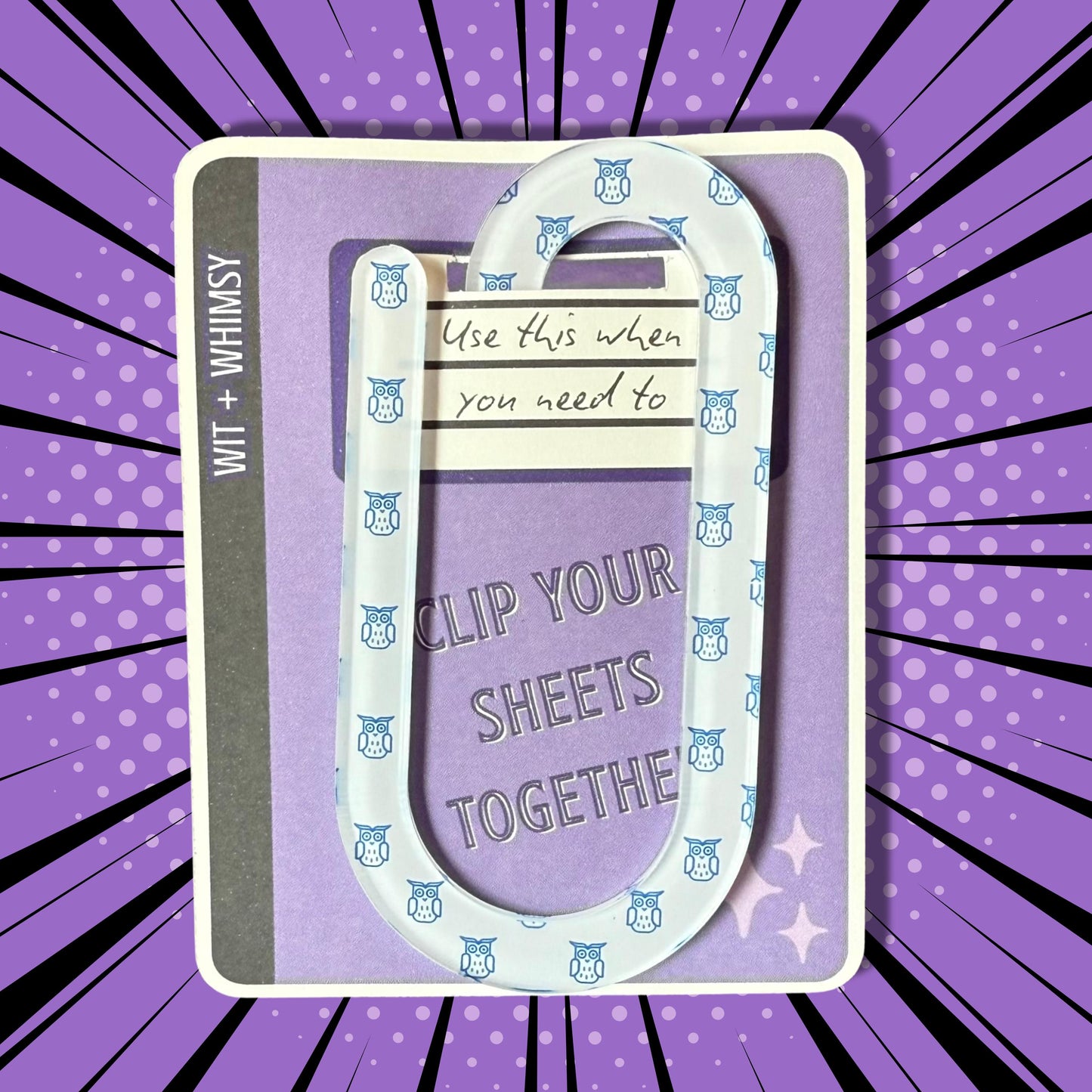 Owl Paper Clip – Giant Acrylic Bookmark or Desk Clip for Teachers – Oversized Clip with Blue Owl Pattern – Wit + Whimsy Gift for Owl Lovers