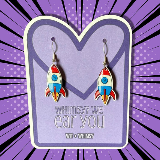 Rocket Ship Earrings – Red White Blue Space Earrings for Teachers & Sci-Fi Fans – Lightweight Hypoallergenic Dangle Jewelry — Galaxy Gift