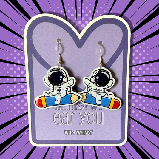 Astronaut Riding a Pencil Dangle Earrings - Fun, Unique Space Themed Jewelry for Teachers, Students, and Science Lovers, Handmade Accessory