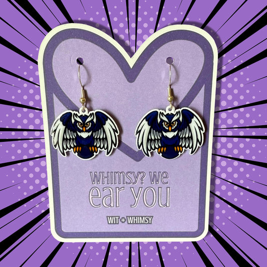 Personalized Blue and White Owl Dangle Earrings - Fun Unique Mascot Jewelry for Teachers, Students, and School Spirit, Handmade Accessories