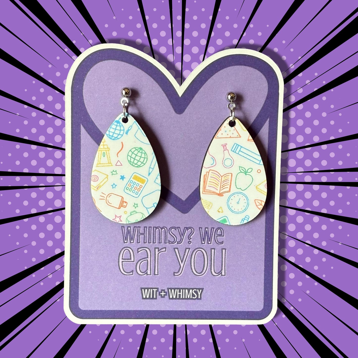 School Supply Teacher Earrings – Lightweight Wooden Teardrop Earrings with Classroom Icons – Back to School Gift – Wit + Whimsy