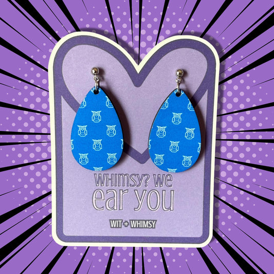 Blue Owl Teacher Earrings – Lightweight Wooden Teardrop Earrings – School Spirit Jewelry – Back to School Gift – Wit + Whimsy