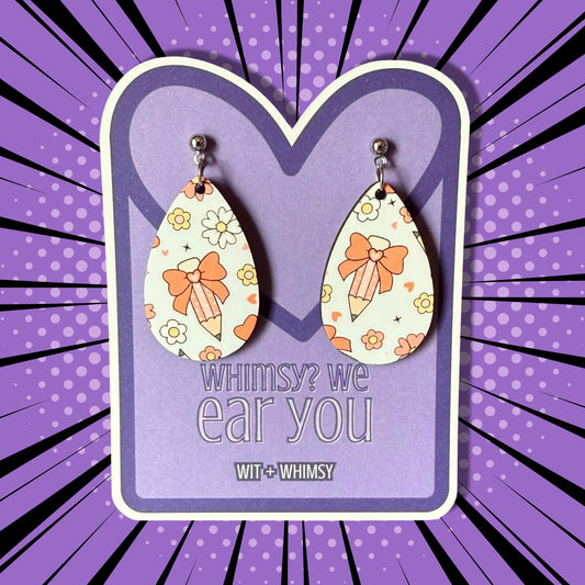 Bow Pencil Teacher Earrings – Sublimated Wooden Teardrop Earrings – Cute Teacher Accessories – Back to School Gift – Wit + Whimsy