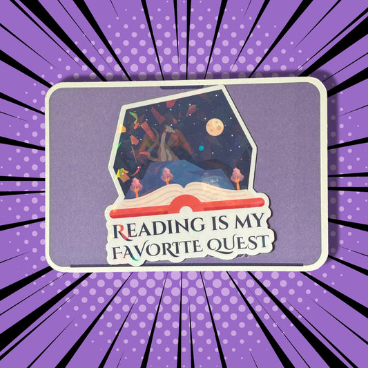 Reading Is My Favorite Quest Dragon Sticker – Fantasy Book Sticker for Readers, Holographic Vinyl Die Cut, Bookish Waterproof Decal